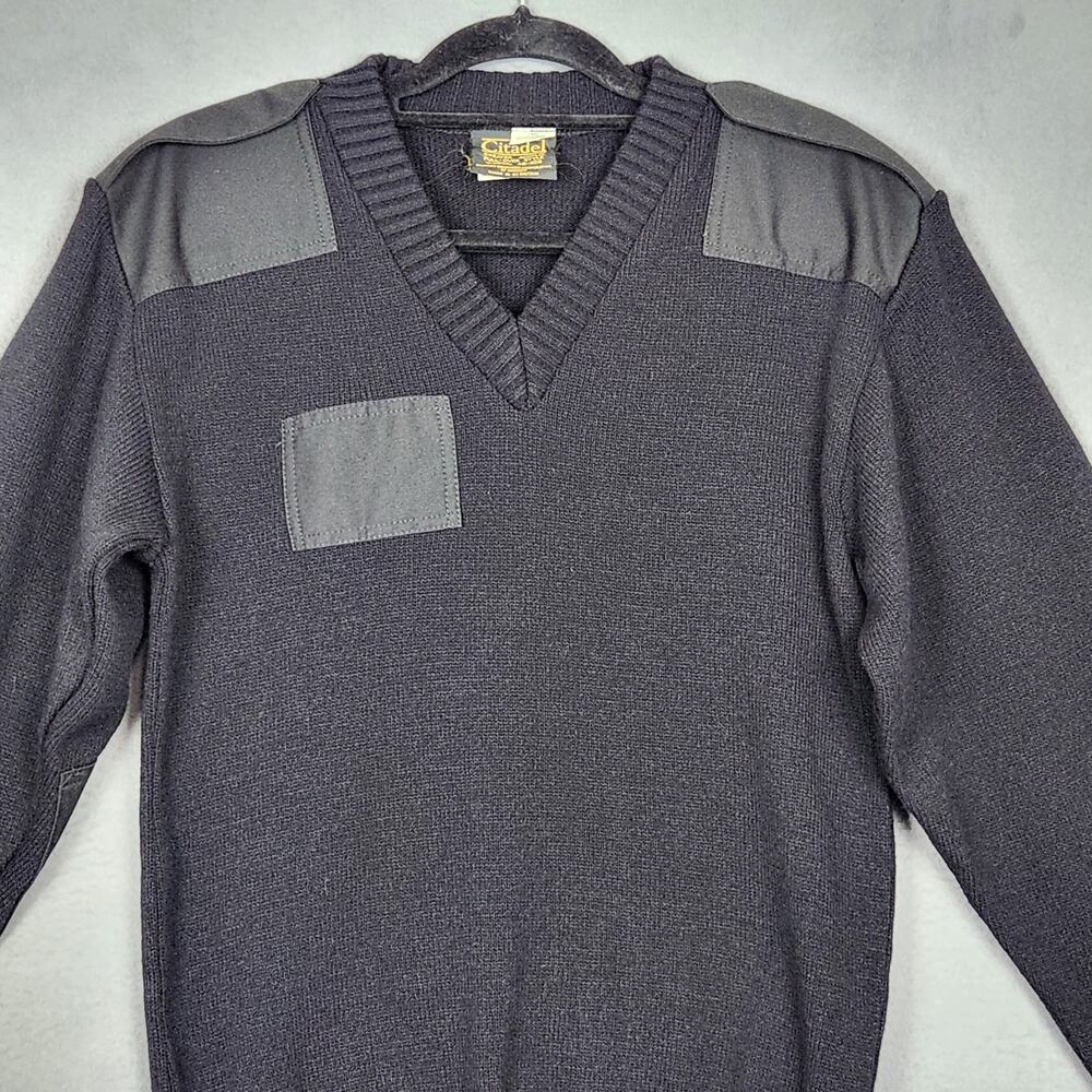 VINTAGE CITADEL Military Sweater Mens Medium Black V-Neck Elbow Patches AB-458